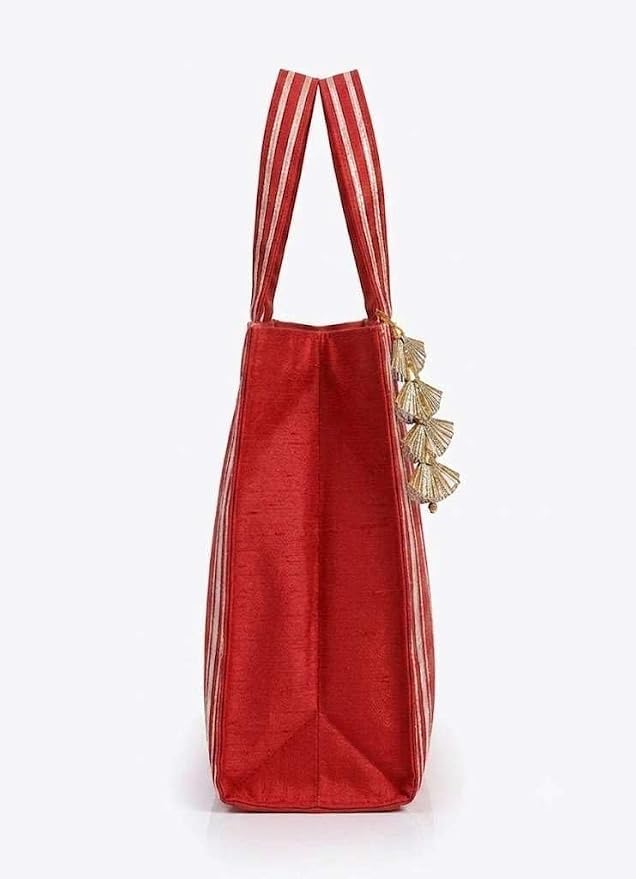 Handmade Silk Tote Bag – Multicolor Ethnic Striped Handbag