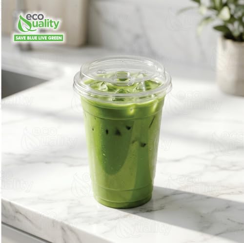 EcoQuality 20oz Clear PLA Ice Coffee Cups with Sip Through Lids