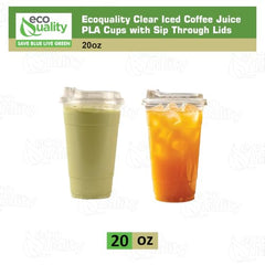 EcoQuality 20oz Clear PLA Ice Coffee Cups with Sip Through Lids