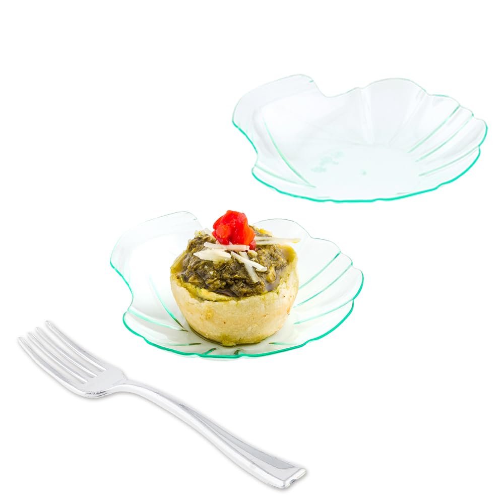 3.3" Seashell Party Plates & 4" Cake Forks – Disposable Seagreen Trays & Silver Forks