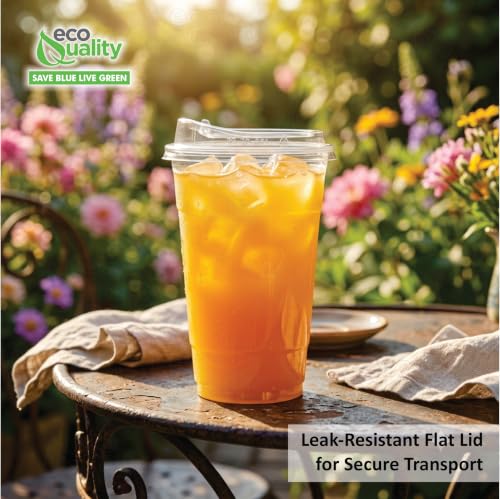 EcoQuality 20oz Clear PLA Ice Coffee Cups with Sip Through Lids
