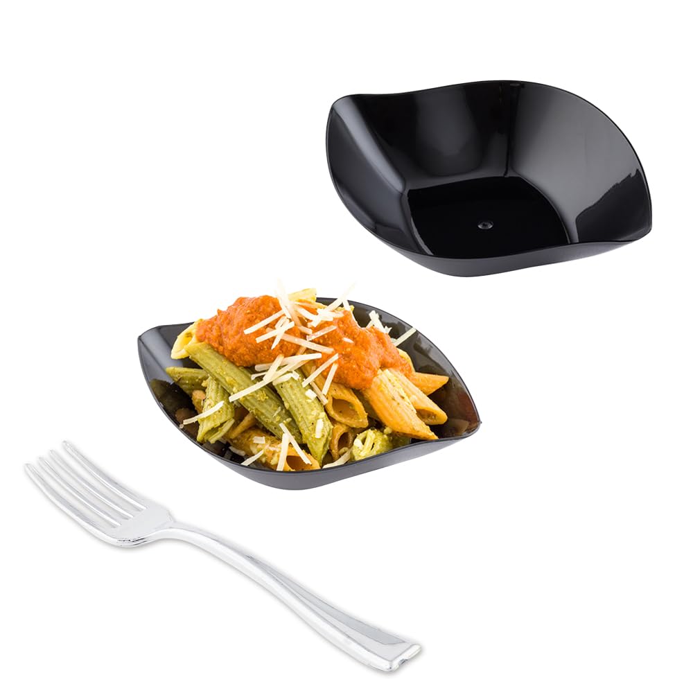 3.5" Comma Party Plates & 4" Cake Forks – Disposable Black Trays & Silver Forks