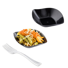 3.5" Comma Party Plates & 4" Cake Forks – Disposable Black Trays & Silver Forks