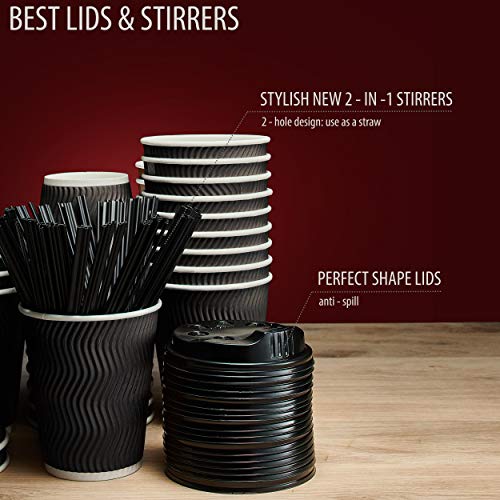 12oz Insulated Disposable Coffee Cups with Lids & Straws – Paper Cups for Hot Drinks