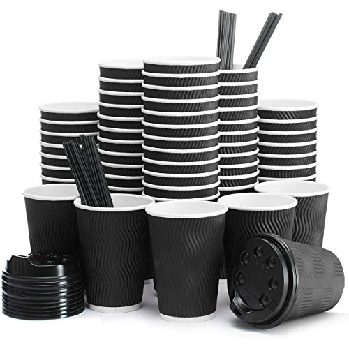 12oz Insulated Disposable Coffee Cups with Lids & Straws – Paper Cups for Hot Drinks