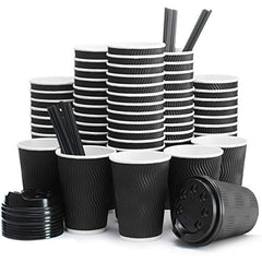 12oz Insulated Disposable Coffee Cups with Lids & Straws – Paper Cups for Hot Drinks