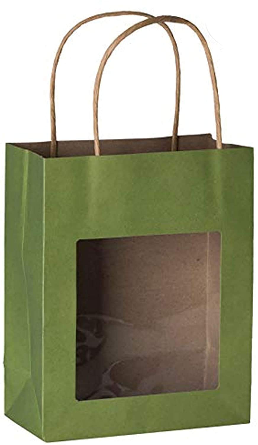 Green Kraft Gift Bags with Handles – Window Paper Bags for Party Favors