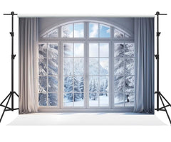 Winter Christmas Photography Backdrop – Snowy Forest Window Scene for Photo & Video
