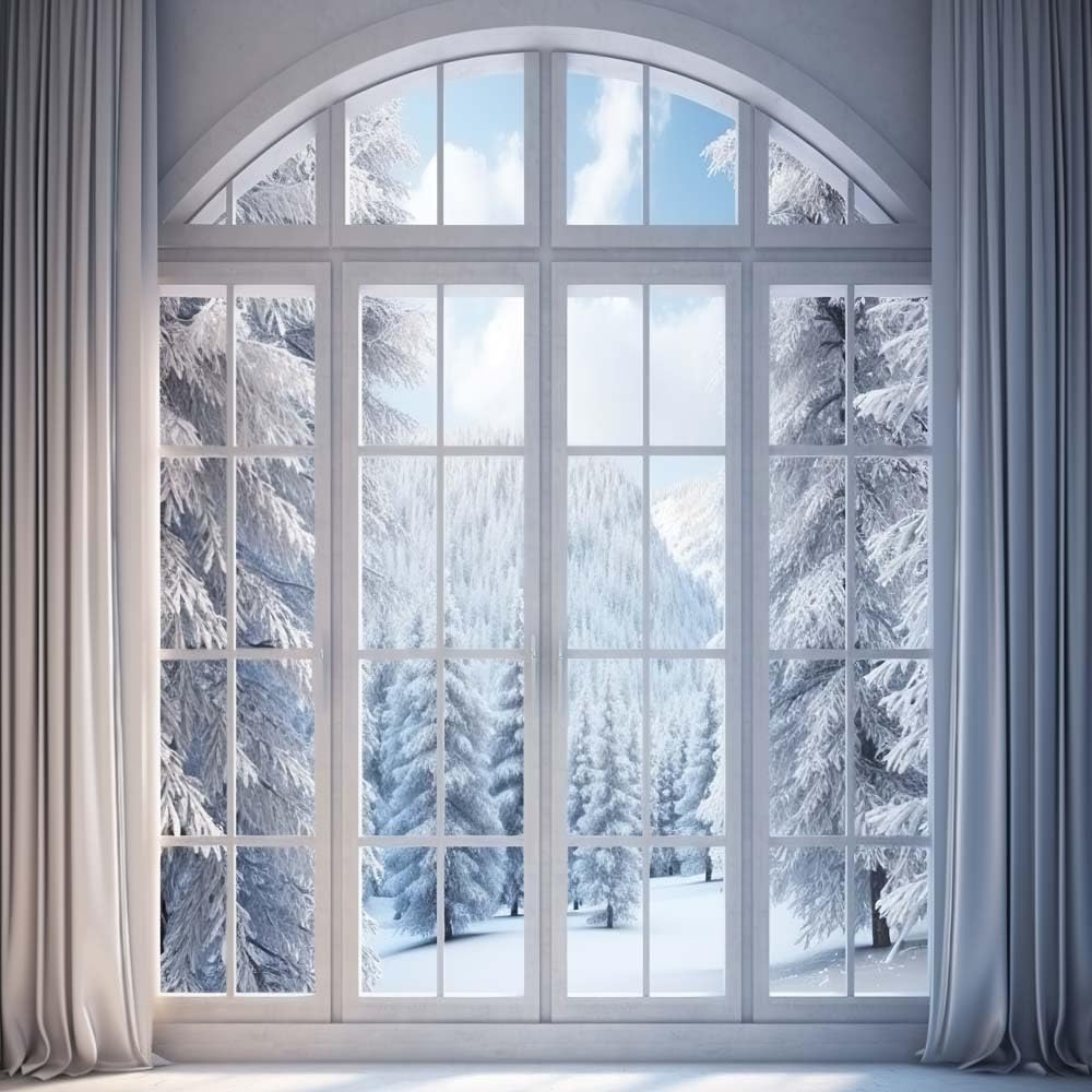 Winter Christmas Photography Backdrop – Snowy Forest Window Scene for Photo & Video