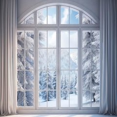 Winter Christmas Photography Backdrop – Snowy Forest Window Scene for Photo & Video