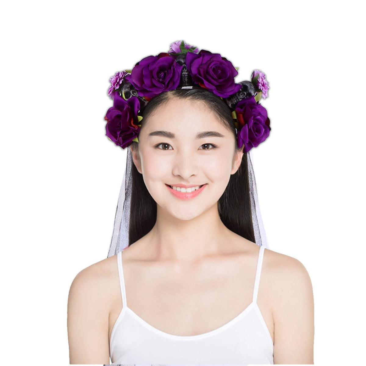 Halloween Skull Rose Headband with Veil – Gothic Floral Party Accessory