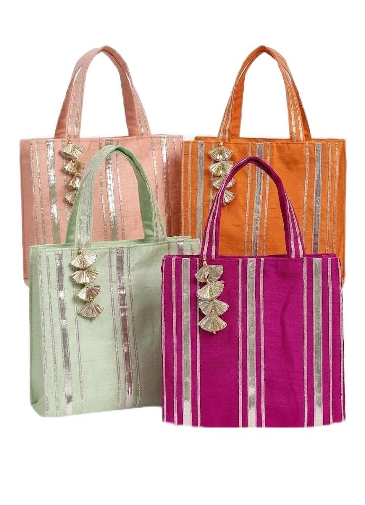 Handmade Silk Tote Bag – Multicolor Ethnic Striped Handbag