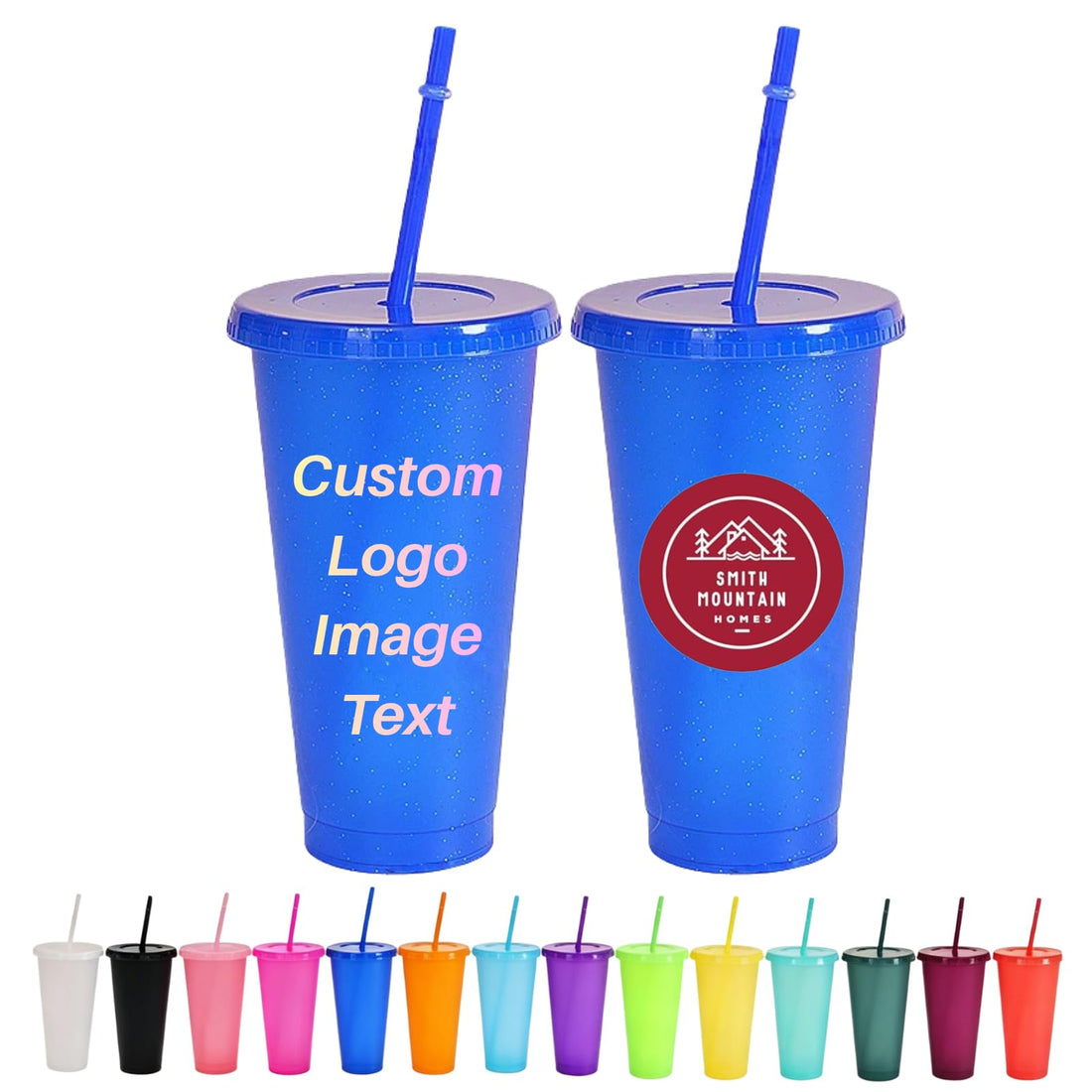 Custom Logo Glitter Tumbler with Lid & Straw – 24oz Reusable Plastic Cup