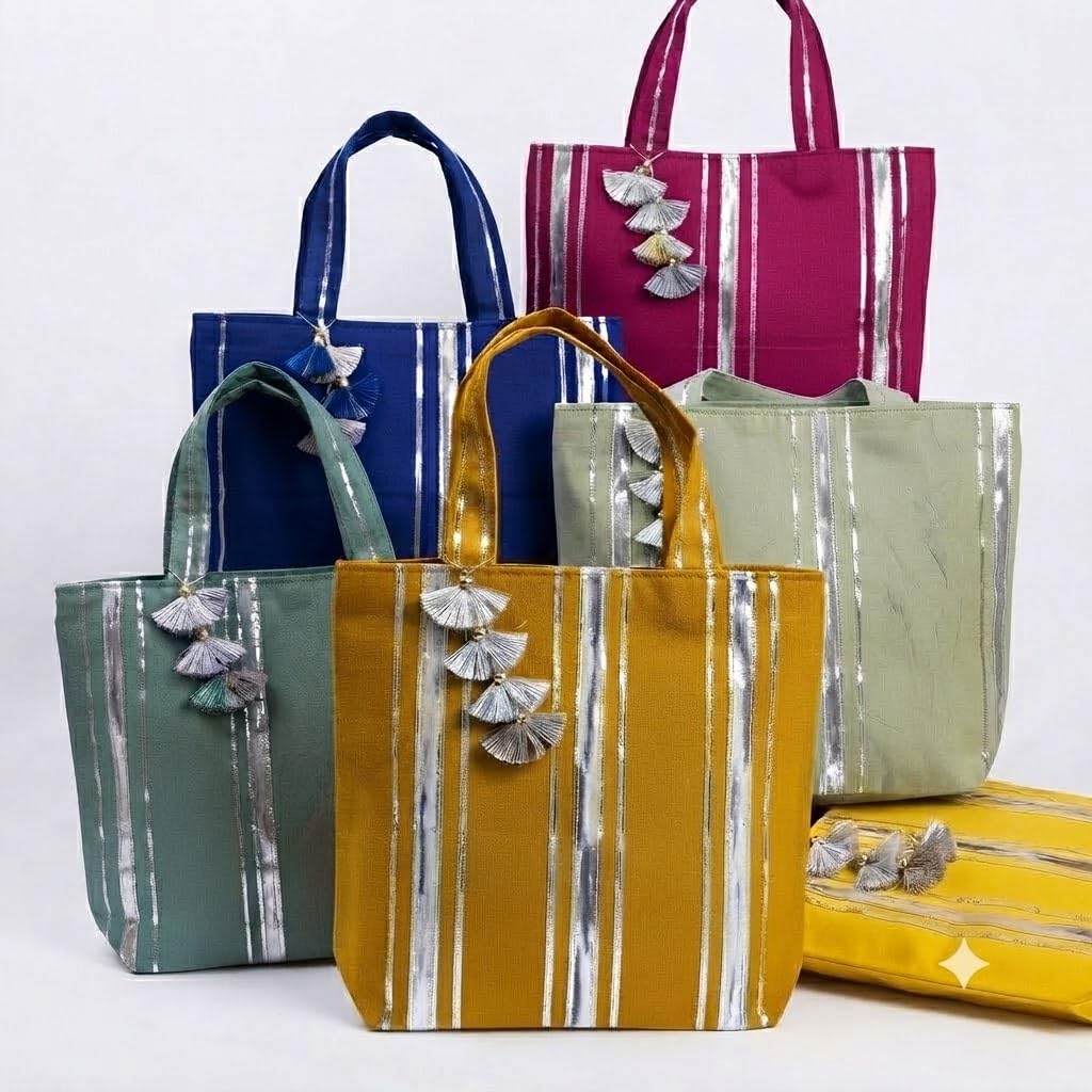 Handmade Silk Tote Bag – Multicolor Ethnic Striped Handbag