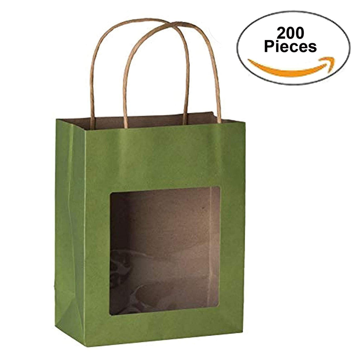 Green Kraft Gift Bags with Handles – Window Paper Bags for Party Favors