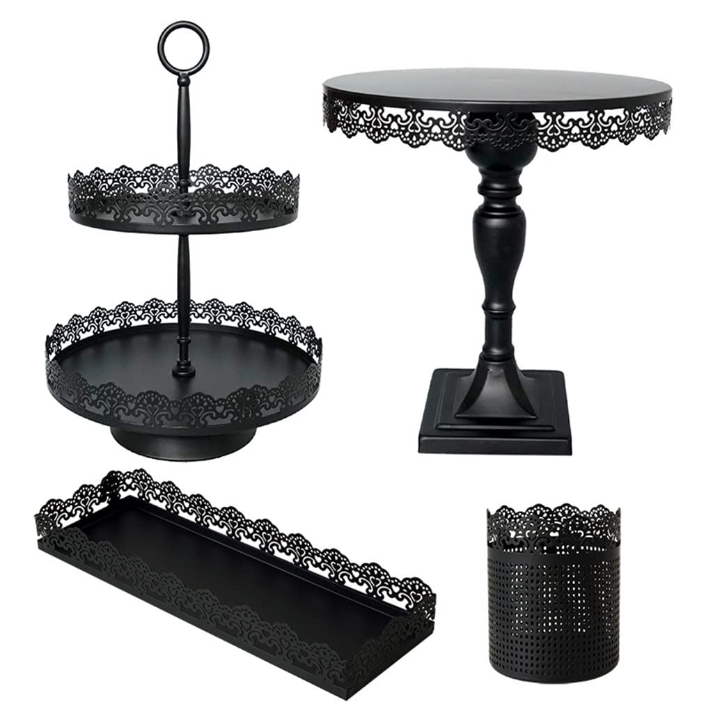 Black Cake Stand & Cupcake Tray Set – Lace Edge Dessert Display for Parties
