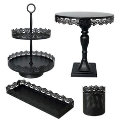 Black Cake Stand & Cupcake Tray Set – Lace Edge Dessert Display for Parties