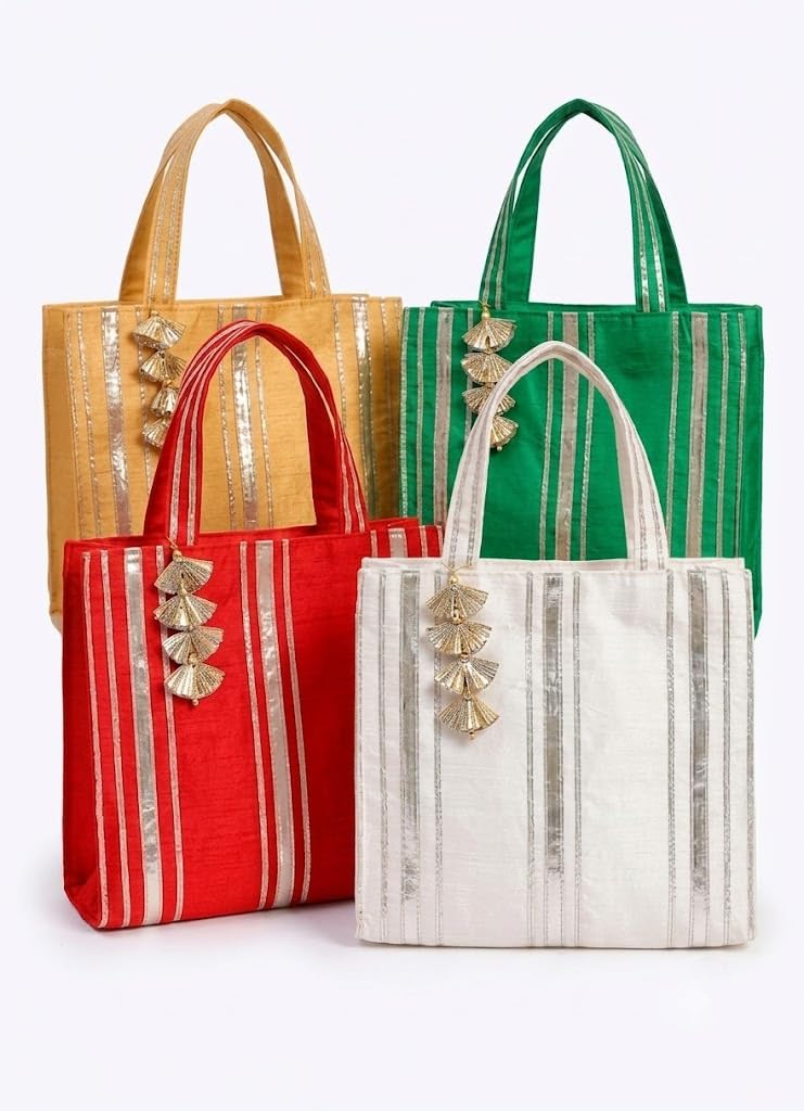 Handmade Silk Tote Bag – Multicolor Ethnic Striped Handbag
