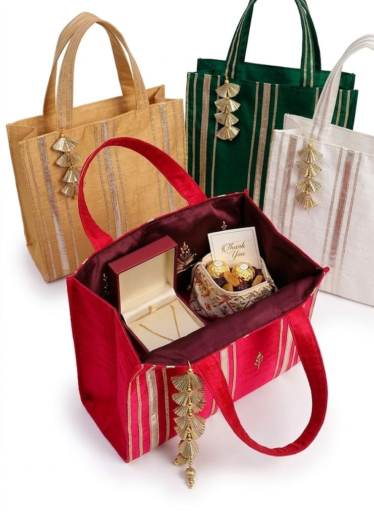 Handmade Silk Tote Bag – Multicolor Ethnic Striped Handbag