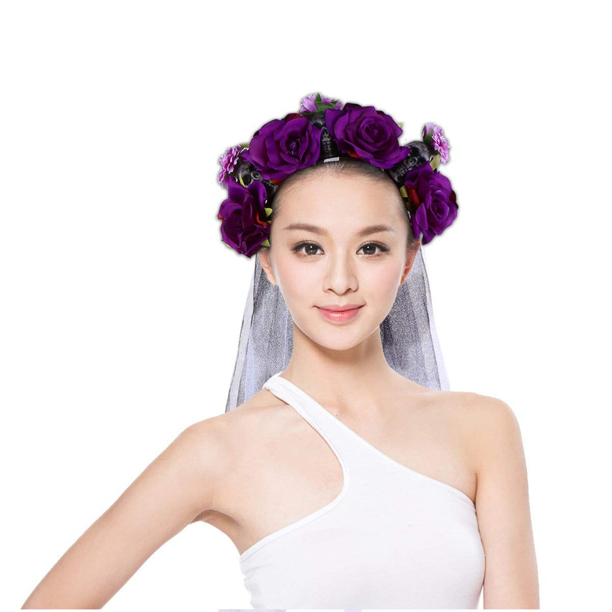 Halloween Skull Rose Headband with Veil – Gothic Floral Party Accessory