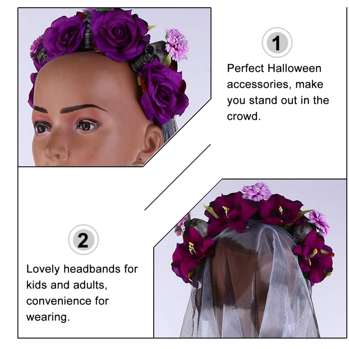 Halloween Skull Rose Headband with Veil – Gothic Floral Party Accessory