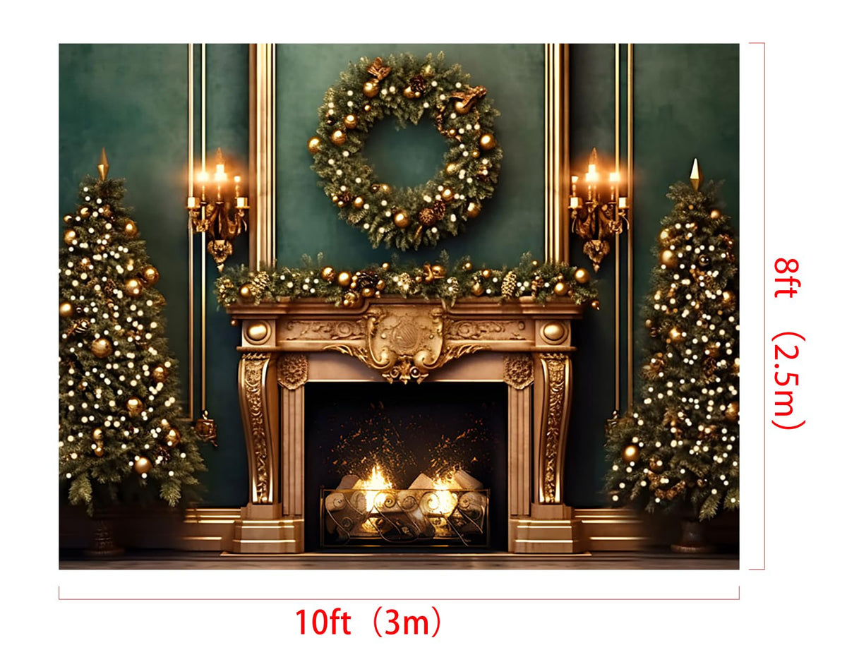 10×8ft Christmas Fireplace Photography Backdrop – Green Wall Party Decor