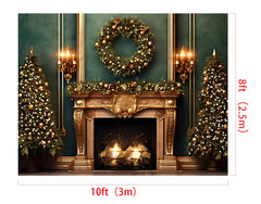 10×8ft Christmas Fireplace Photography Backdrop – Green Wall Party Decor