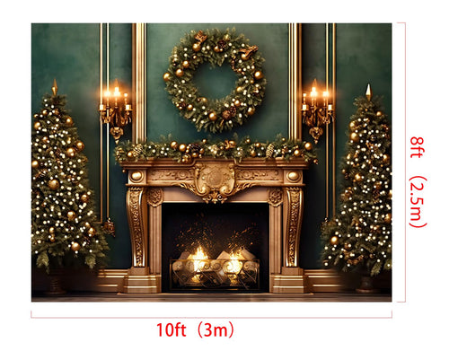 10×8ft Christmas Fireplace Photography Backdrop – Green Wall Party Decor