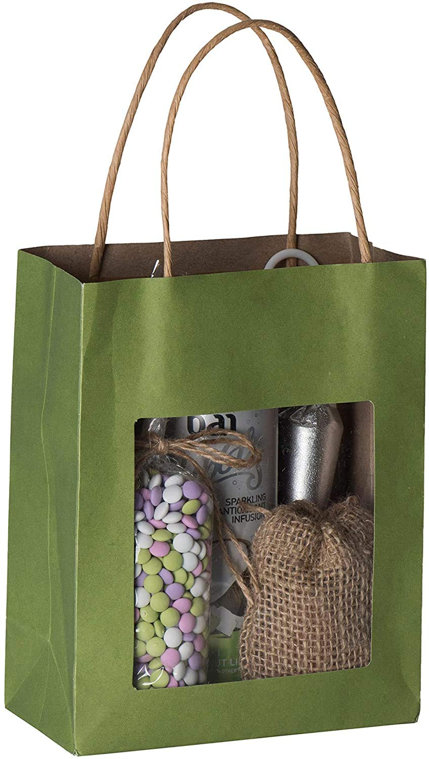 Green Kraft Gift Bags with Handles – Window Paper Bags for Party Favors