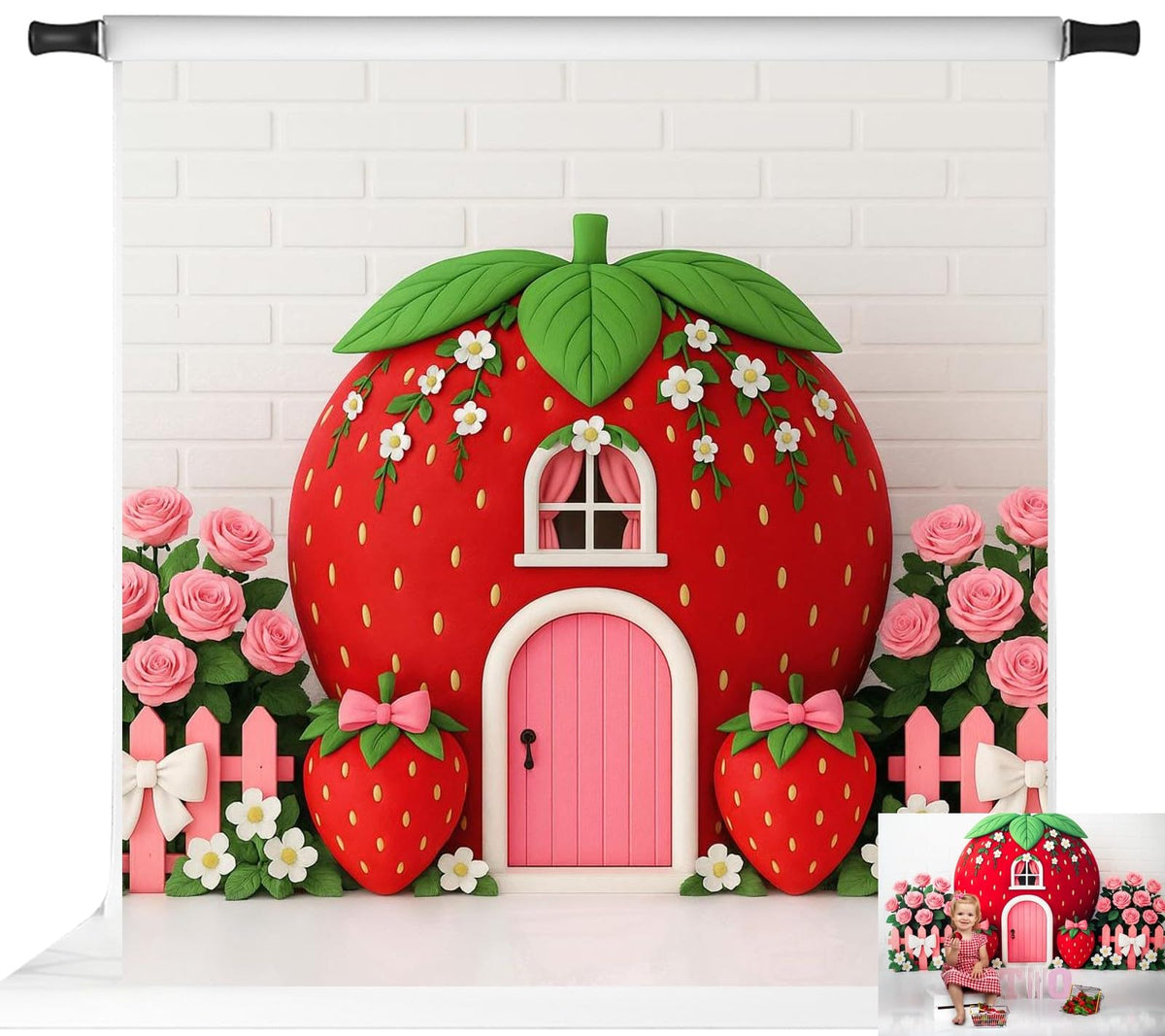 Strawberry House Photo Backdrop – White Brick Wall for Children’s Birthday Party