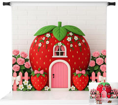 Strawberry House Photo Backdrop – White Brick Wall for Children’s Birthday Party