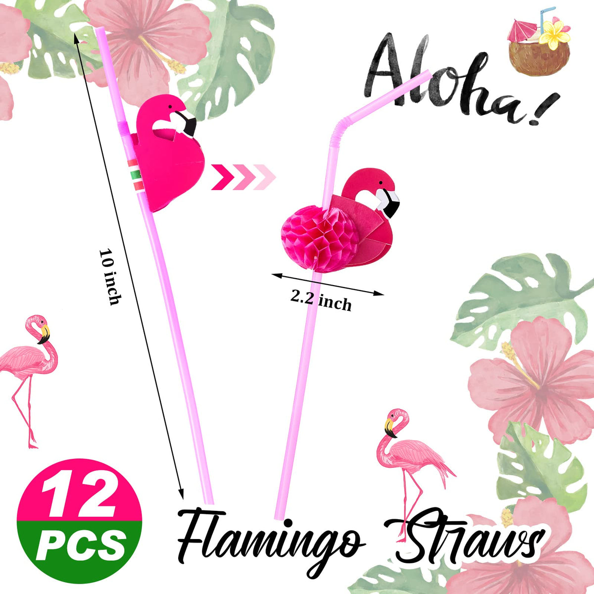 Taiyin Hawaiian Coconut Cups with Flamingo Straws for Luau Party