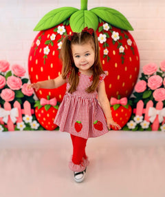 Strawberry House Photo Backdrop – White Brick Wall for Children’s Birthday Party