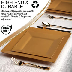Disposable Plastic Dinnerware Set – White Plates with Blue & Gold Trim, Cups & Silverware