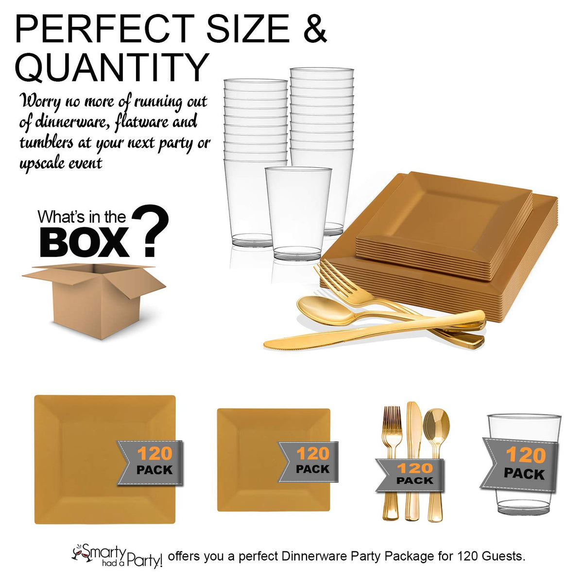 Disposable Plastic Dinnerware Set – White Plates with Blue & Gold Trim, Cups & Silverware