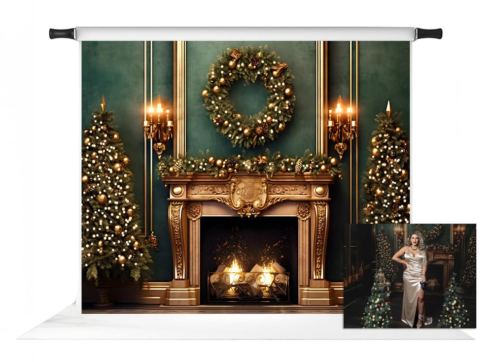 10×8ft Christmas Fireplace Photography Backdrop – Green Wall Party Decor