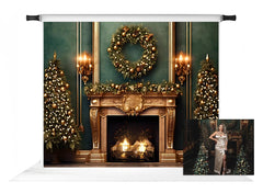 10×8ft Christmas Fireplace Photography Backdrop – Green Wall Party Decor