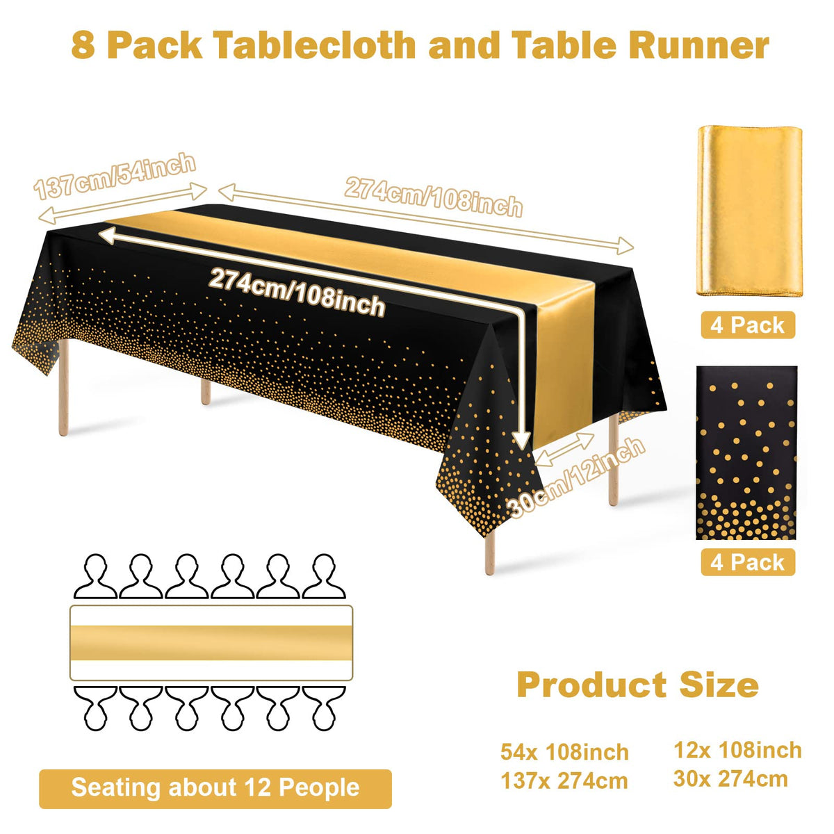 MASHAN 8Pack and 12Pack Tablecloth and Table Runner
