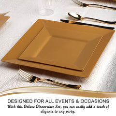 Disposable Plastic Dinnerware Set – White Plates with Blue & Gold Trim, Cups & Silverware