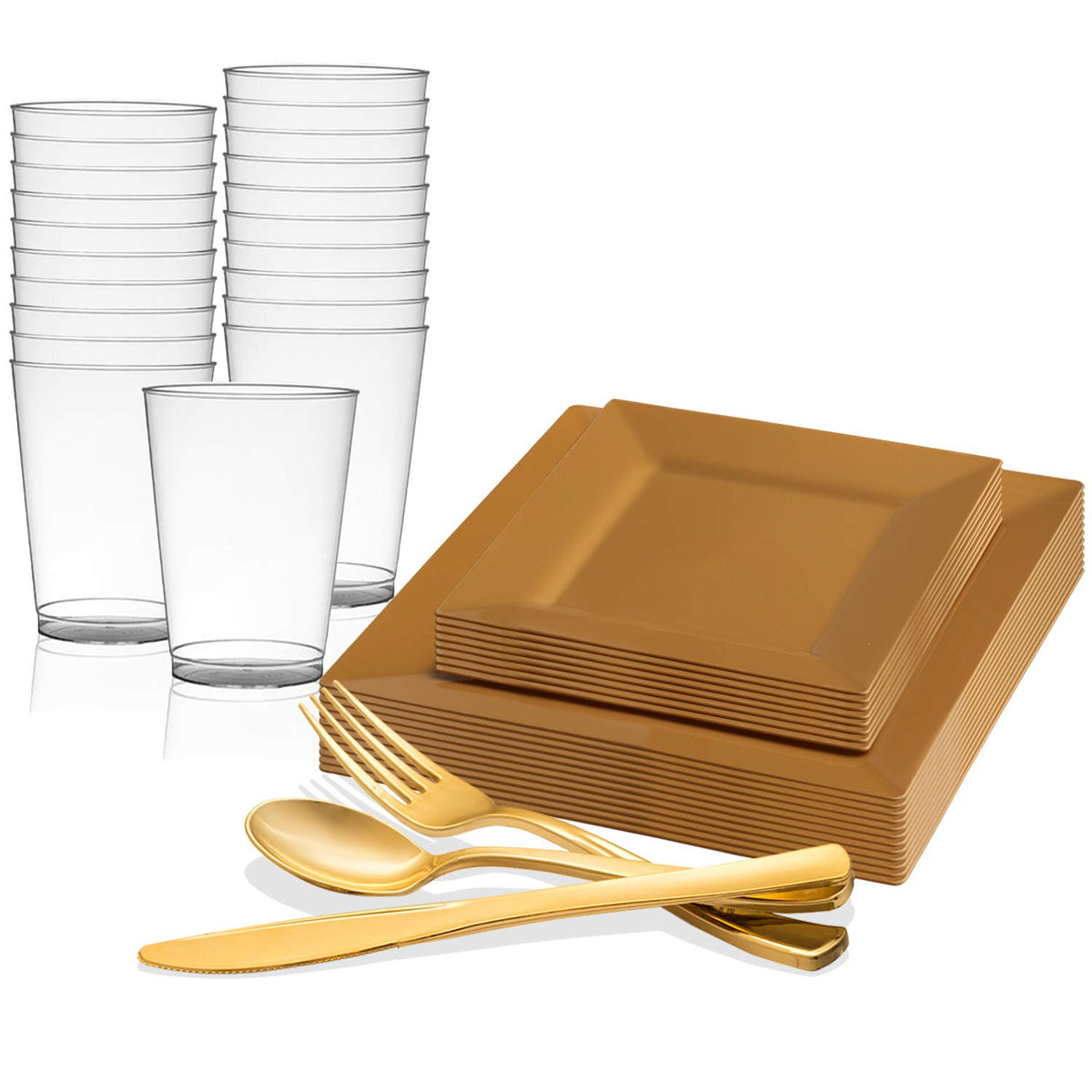 Disposable Plastic Dinnerware Set – White Plates with Blue & Gold Trim, Cups & Silverware