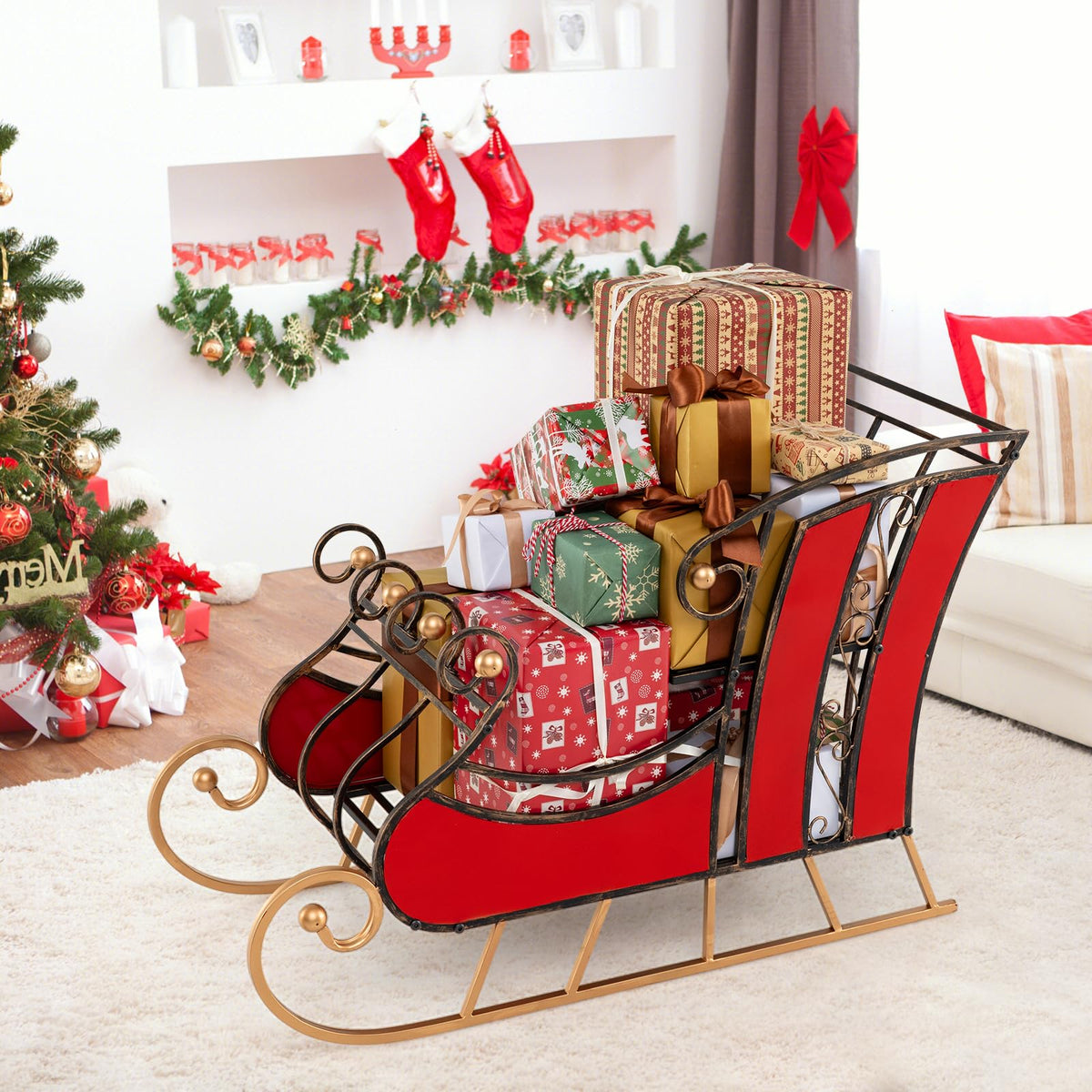Metal Santa Sleigh Decor – 2-Tier Storage Shelf & Christmas Display Prop