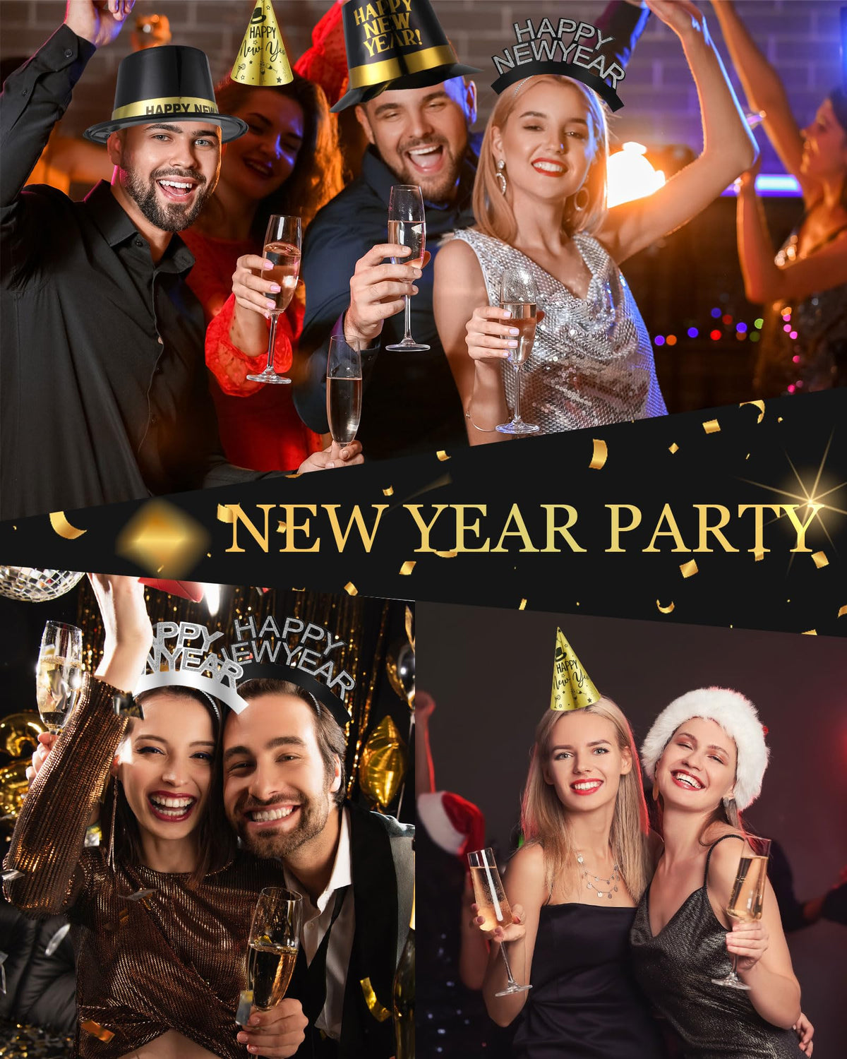120-Piece New Year's Eve Party Supplies – Black, Gold & Silver Hats and Headbands