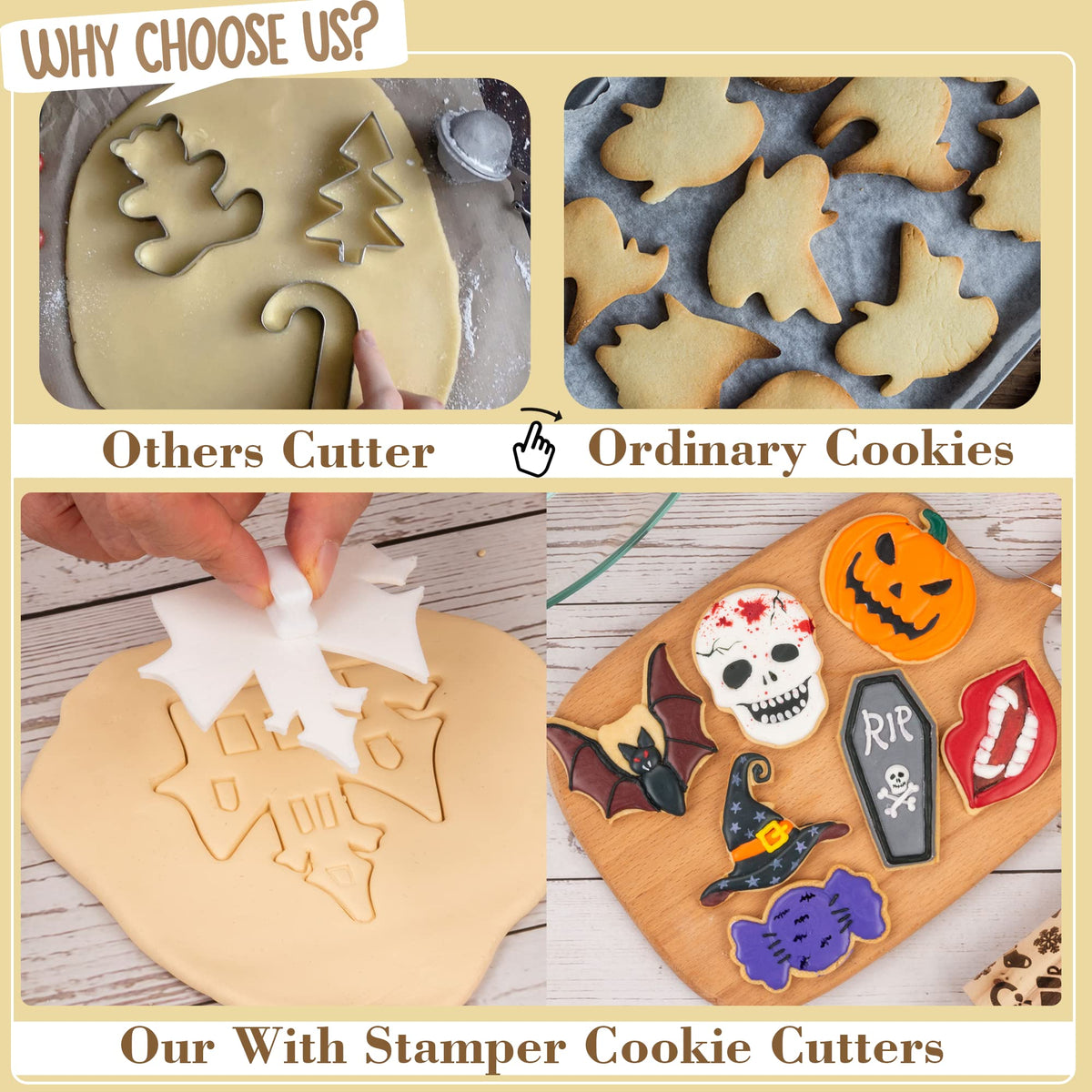 Halloween Cookie Cutters with Plunger Stamper – Baking & Fondant Decorating Tools