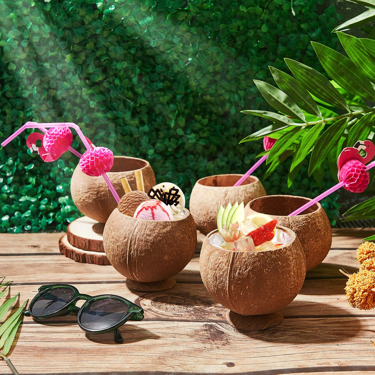 Taiyin Hawaiian Coconut Cups with Flamingo Straws for Luau Party