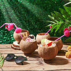Taiyin Hawaiian Coconut Cups with Flamingo Straws for Luau Party