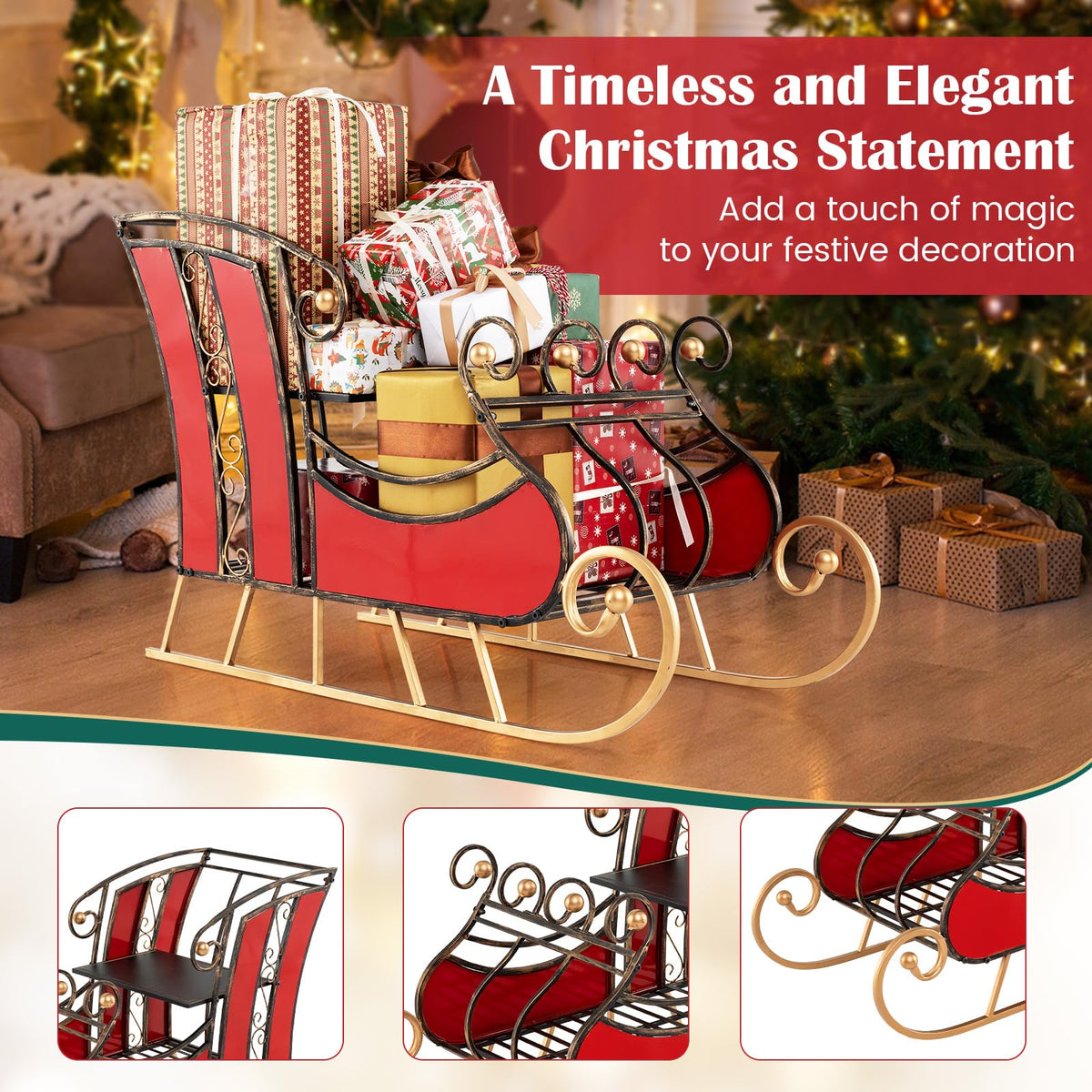 Metal Santa Sleigh Decor – 2-Tier Storage Shelf & Christmas Display Prop