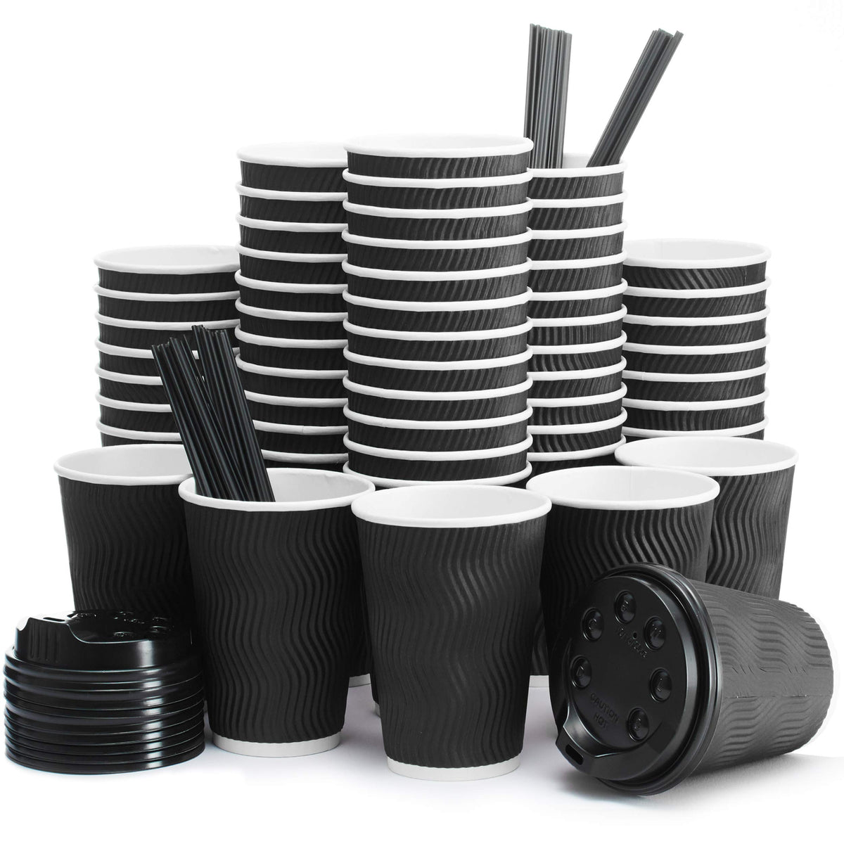 12oz Insulated Disposable Coffee Cups with Lids & Straws – Paper Cups for Hot Drinks