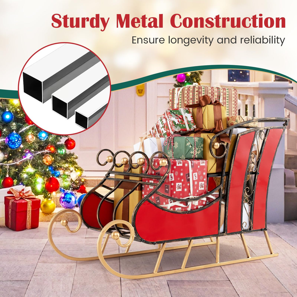 Metal Santa Sleigh Decor – 2-Tier Storage Shelf & Christmas Display Prop