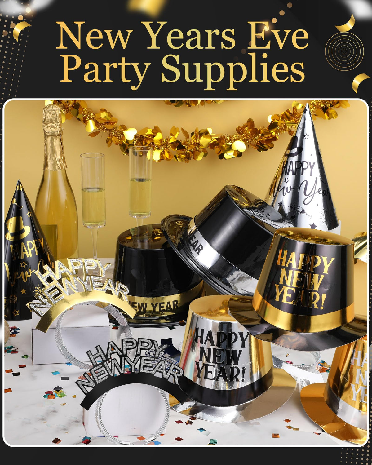 120-Piece New Year's Eve Party Supplies – Black, Gold & Silver Hats and Headbands