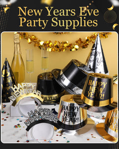 120-Piece New Year's Eve Party Supplies – Black, Gold & Silver Hats and Headbands